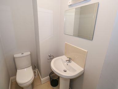 A bathroom with a toilet pedestal sink mirror and trash can at C65 Cahermore Holiday Village in Enniscrone County Sligo