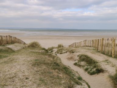 A sandy path with grass and wooden fences leading to a beach with the sea in the background at C65 Cahermore Holiday Village in Enniscrone County Sligo