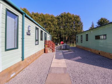 An outdoor area between two light green lodges with a paved walkway gravel and patio furniture at Lodge 2 in Silverdale