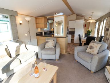 A living room with sofas a coffee table and a dining area in the background at Lodge 2 in Silverdale