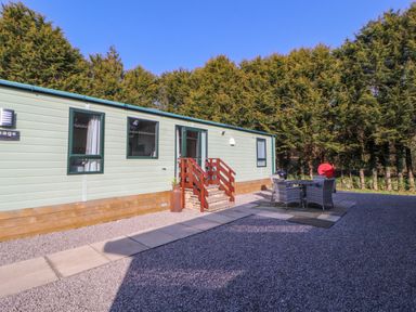 A small patio area with table and chairs outside a green mobile home surrounded by trees at Lodge 2 Silverdale