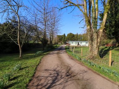 A gravel driveway lined with trees and plants leading to a mobile home surrounded by fencing at Lodge 2 in Silverdale