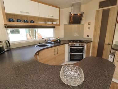 A kitchen with a stove a sink mugs plates and bowls on a shelf and a glass bowl on the counter at Lodge 3 in Silverdale