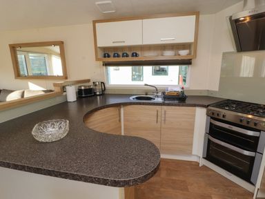 A kitchen with a curved countertop a sink a stove a toaster a kettle and shelves with cups and plates at Lodge 3 in Silverdale