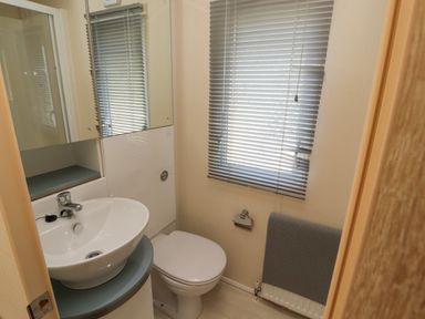 A bathroom with a sink toilet mirror cabinet window with blinds and a radiator at Lodge 3 in Silverdale