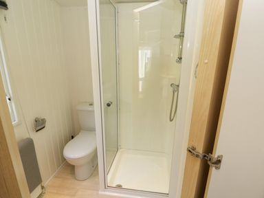 A bathroom with a toilet, shower enclosure, and a towel radiator at Lodge 3 in Silverdale