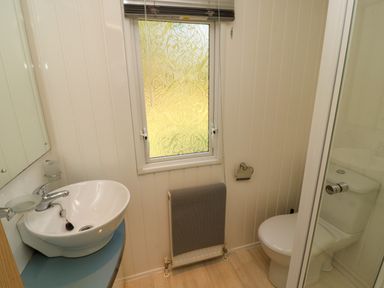 A small bathroom with a sink toilet shower window and radiator at Lodge 3 Silverdale