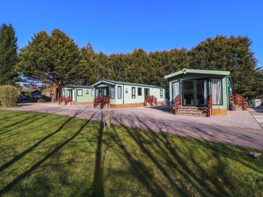 Three green lodges with red stairs surrounded by trees and grass at Lodge 3 in Silverdale