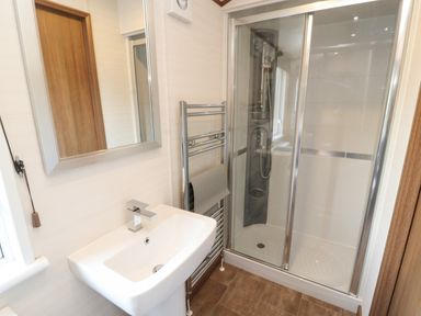A bathroom with a sink and mirror next to a glass shower enclosure with a towel rack and wooden door at Lodge 4 in Silverdale