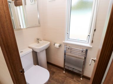 A small bathroom with a toilet, pedestal sink, wall mirror, window, toilet paper holder, and a chrome towel heater at Lodge 4 in Silverdale