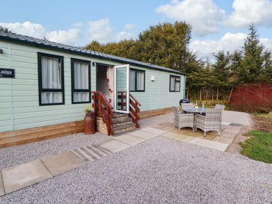Outdoor patio area with table and chairs beside a light green lodge surrounded by trees at Lodge 4 in Silverdale