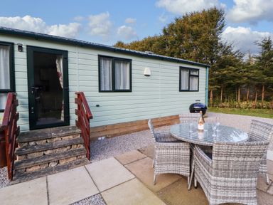 Outdoor patio area with a round glass table four wicker chairs barbecue and steps leading to a light green mobile home at Lodge 4 in Silverdale
