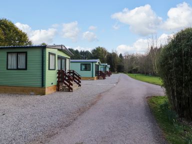 A row of green mobile homes along a gravel road with trees and grass at Lodge 4 in Silverdale