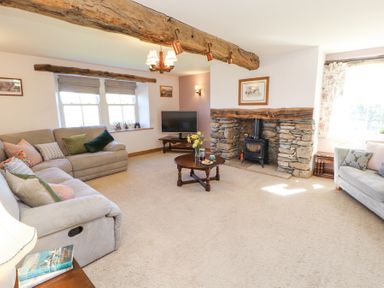 A living room with beige sofas a stone fireplace a wooden coffee table and a TV at High Wood Foot in Bampton Cumbria