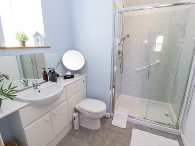 A bathroom with a sink toilet shower and mirror at High Wood Foot in Bampton Cumbria