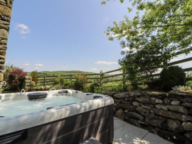 A hot tub next to a stone wall with plants at High Wood Foot in Bampton, Cumbria