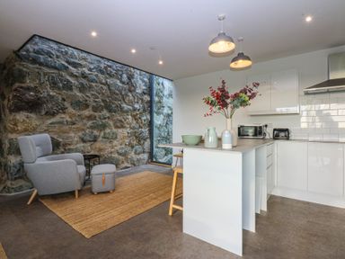 A kitchen with a rock wall, kitchen appliances and seating at Tithe Barn Lodge Capel Mawr near Malltraeth