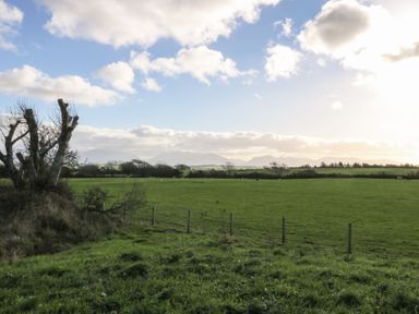 A field with trees and mountains in the background at Tithe Barn Lodge Capel Mawr near Malltraeth
