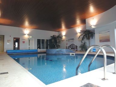 An indoor swimming pool with blue tiles metal handrails plants and a wooden ceiling at 6 Burgh Island in Bigbury-On-Sea