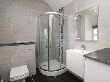 A bathroom with a corner shower enclosure a toilet a sink with a cabinet and a mirror at Tyn Y Graig in Fairbourne