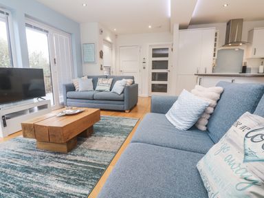 A living room with a sofa, coffee table, and television at The Black Barnacle in Portreath