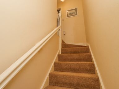 A carpeted staircase with beige walls and a white handrail with a picture hanging on the wall at Sea Shore in Seahouses