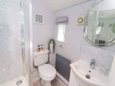 A bathroom with a shower and toilet at Sea Shore in Seahouses