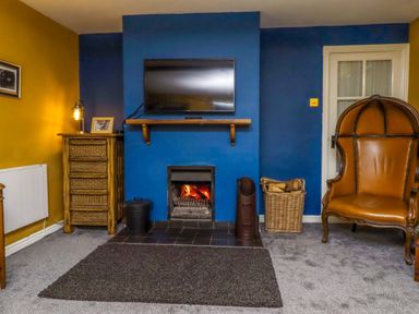 A living room with television and armchair at Petty Knowes Cottage Rochester near Otterburn