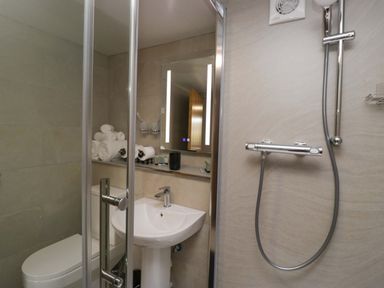 A bathroom with a shower, toilet, and sink at Yeat Stoup Cottage in Cockermouth