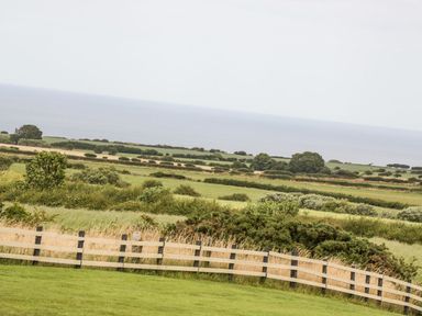 A rural landscape with green fields bushes and a wooden fence near the coast at Cowshed in Normanby near Flyingthorpe