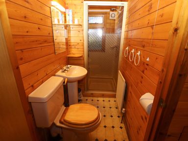 A bathroom with wooden walls a toilet a sink a mirror a shower and towel rings at Partridge Withern near Alford