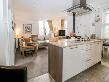 A combined kitchen and living room with a kitchen island, sofa, table, television, and windows at The Bolt Hole in Kendal