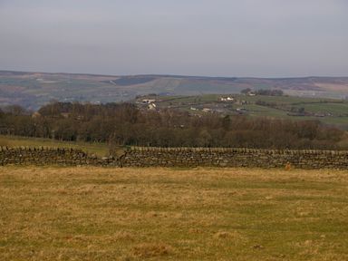 A stone wall with a grassy field and hills with houses and trees at Little Acre in Oxenhope