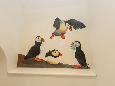 A wall painting of puffins at Sea Pink Studio in Swanage