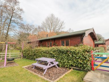 A wooden cabin with a hedge and a purple picnic table next to a colorful wooden gate and a tire swing in the yard at Bell tent 2 in Camerton near Timsbury