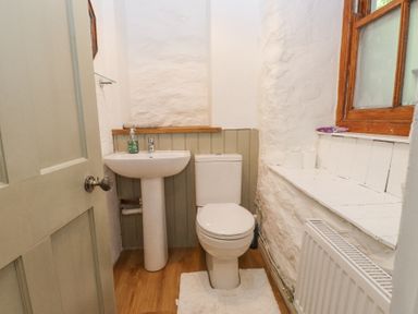 A small bathroom with a toilet sink window and radiator at Llys Emrys in Beddgelert