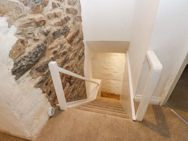 A narrow staircase with carpet leading down between a stone wall and white painted walls at Llys Emrys in Beddgelert