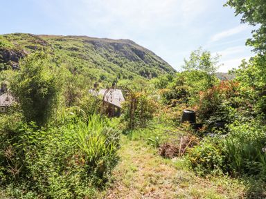 A garden with dense shrubs and plants with a metal arch and hills in the background at Llys Emrys in Beddgelert