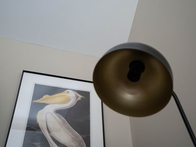 A framed picture of a pelican on a wall with a floor lamp in front of it at Dunes Cottage in Kessingland