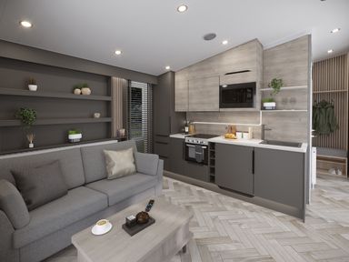 A living area with a gray sofa, wooden coffee table, shelves with plants, and a kitchen with stove, microwave, and sink at Elter Luxury Pod in Keswick