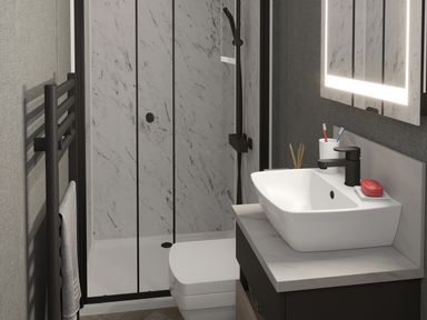 A small bathroom with a shower enclosure toilet sink black towel warmer and illuminated mirror at Hodge Luxury Pod in Keswick