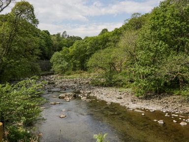 A river with rocks and trees along the banks in a forested area at Woof Luxury Family Pod in Keswick