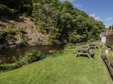 A grassy riverbank with wooden picnic tables and trees along the edge at Lingy Luxury Family Pod in Keswick