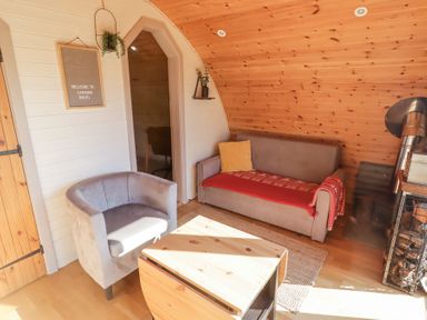 A seating area with a grey armchair a grey sofa with a red throw and a wooden coffee table in a room with wooden walls and a wood stove at Cabanau Bach in Bedwas