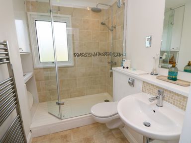 A bathroom with a walk-in shower a toilet a sink a mirror and a towel radiator at Plimoth N9 in Yarmouth