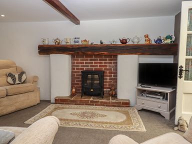 A living room with a brick fireplace and a wooden mantel with teapots on it a beige sofa a television on a stand and a patterned rug on the floor at Badger's Den in Budleigh Salterton