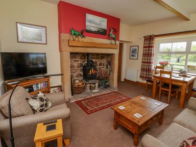 A living room with a stone fireplace wooden furniture and a window with plaid curtains at Folly View in Eglingham