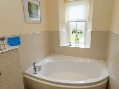 A bathroom corner with a white bathtub a window with a green vase with plants and a small diffuser a picture on the wall and a wicker basket at Folly View in Eglingham