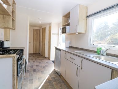 A kitchen with cabinets a stove microwave fridge and sink at 31A Foxburrow Hang in Fritton near Belton Norfolk