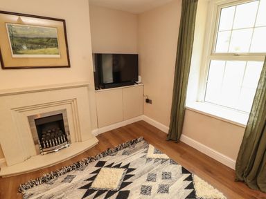 A room with a fireplace a framed picture a television on a cabinet a window with green curtains and a patterned rug on a wooden floor at Kirkland Howe Cottage in Arlecdon